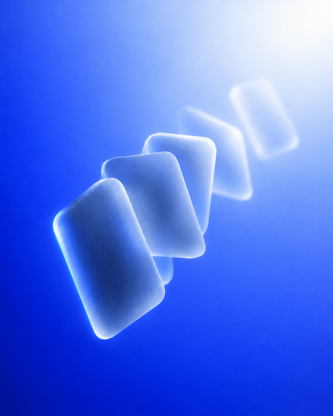 Seis piezas de vidrio esmerilado suspendidas en el vacío, iluminadas por un resplandor azul cenital.