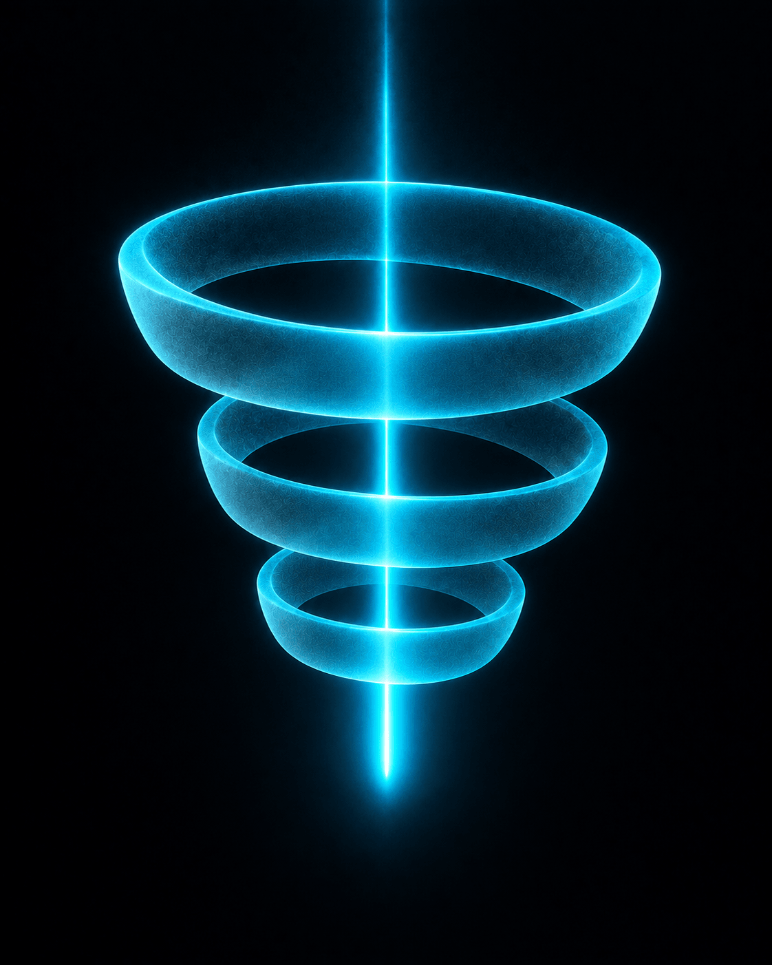 Embudo de tres anillos de vidrio suspendidos, con una línea de luz cian atravesándolos y cayendo sin resolver, representando el funnel de performance de Asignar.