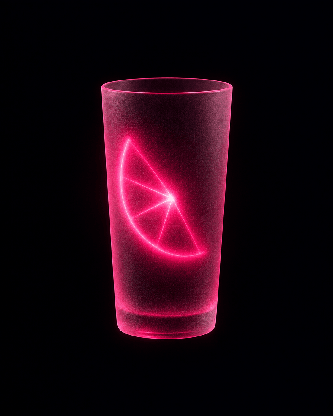 Vaso de vidrio esmerilado con una rodaja de cítrico trazada en luz magenta, representando la marca de bebidas Limonada Pink.