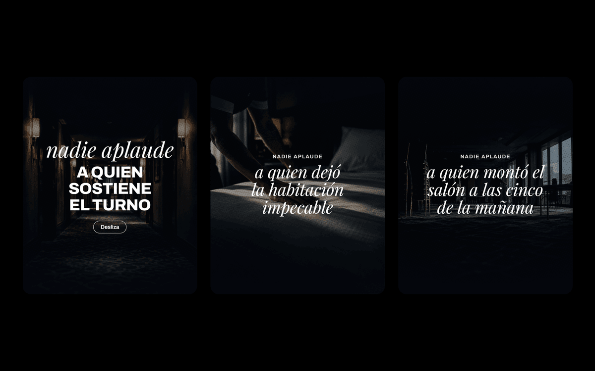 Tres láminas del carrusel «nadie aplaude» producido con el espacio de trabajo: un pasillo de hotel en penumbra, una cama tendida con luz lateral y un salón vacío al amanecer, con titulares en serif blanca.